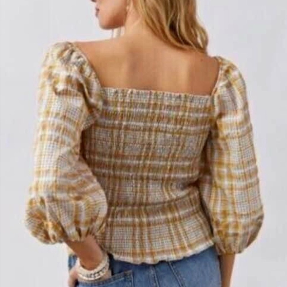 Maeve by Anthropologie Plaid Smocked Puff Sleeve Top